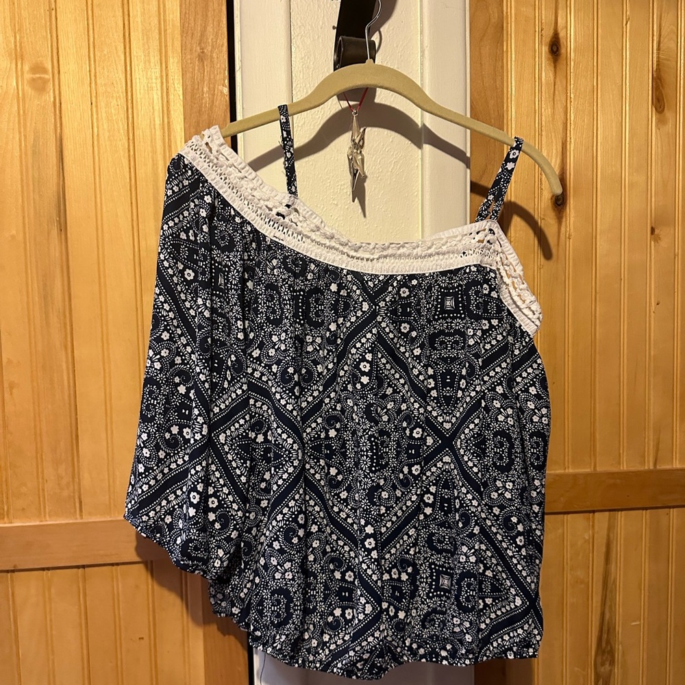 Off the Shoulder Blue & White Paisley Blouse